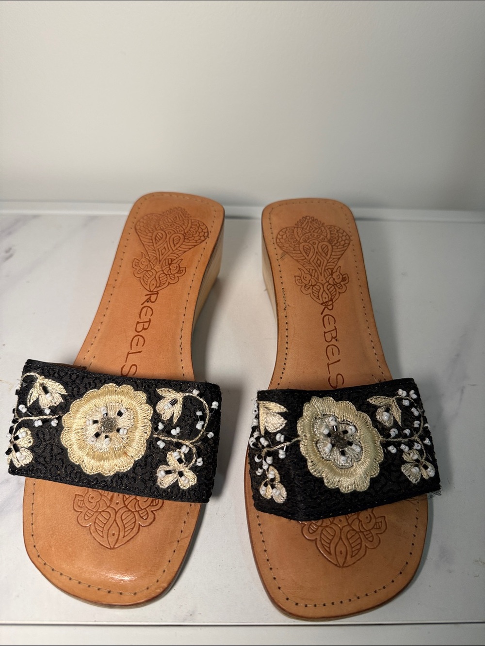 Rebels Black Beaded Heels with Gold Floral Embroidery